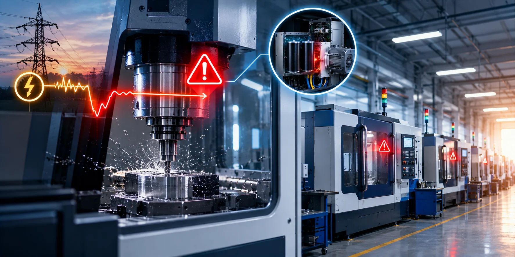 Sụt áp trên Máy CNC gia công cơ khí: nguyên nhân, rủi ro hỏng phôi/gãy dao và giải pháp UPS Online