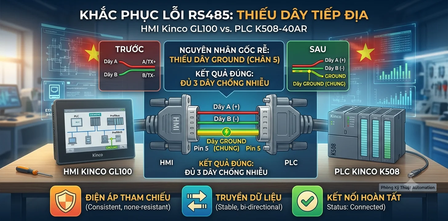 Khắc phục lỗi mất kết nối HMI Kinco với PLC qua RS485 (Modbus)
