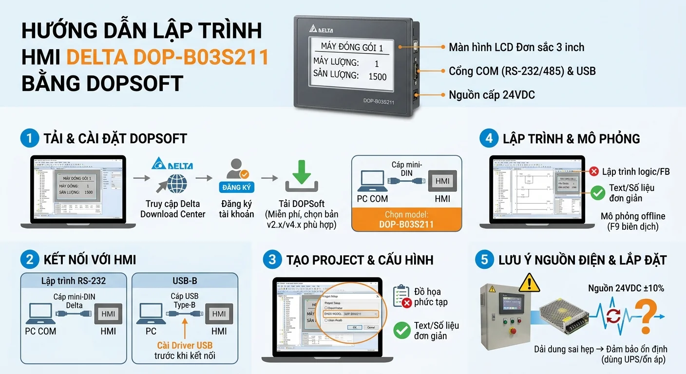 Lập trình HMI Delta DOP-B03S211 với phần mềm DOPSoft: Hướng dẫn cài đặt