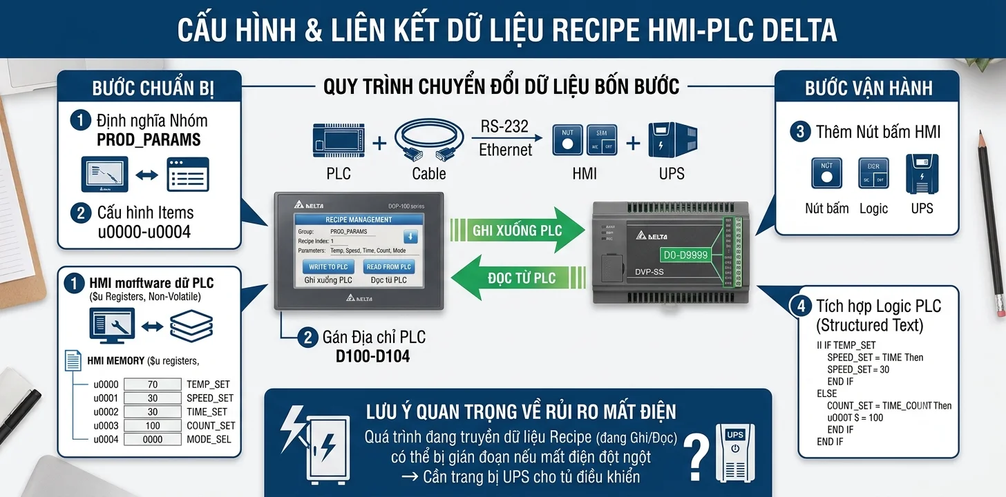 Cấu hình Recipe trên HMI Delta: Hướng dẫn tích hợp với PLC