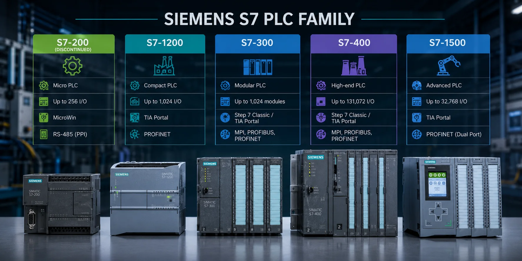 So sánh PLC Siemens S7-200, S7-1200, S7-300, S7-400 và S7-1500: Hướng dẫn lựa chọn