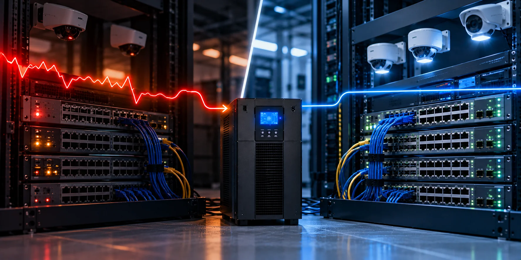 Brownout và Surge trên Core Switch Cisco Catalyst 9300: ngân sách PoE có thể sai lệch khi brownout kéo dài, và cáp StackPower trở thành đường dẫn điện giữa các switch khác nguồn