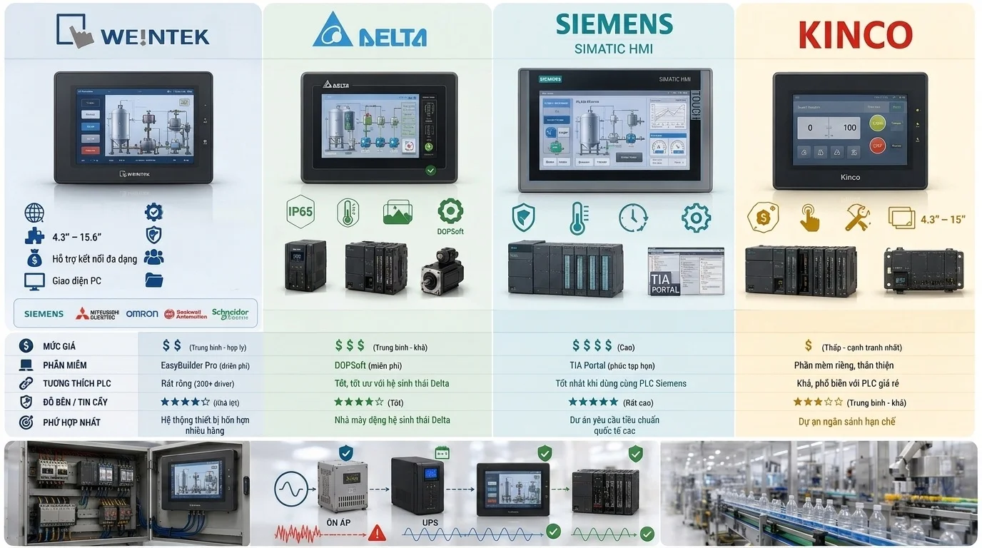 So sánh màn hình HMI Weintek, Delta, Siemens, Kinco: Nên chọn hãng nào?